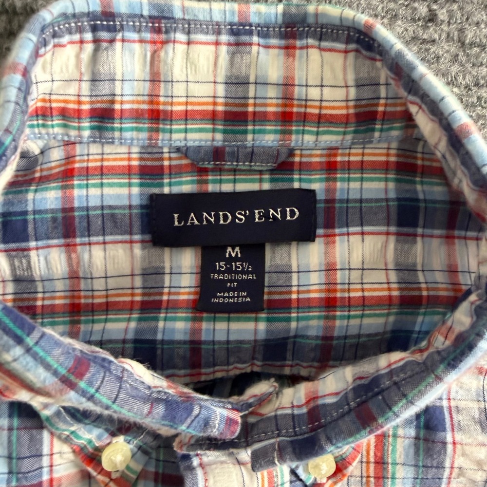 Lands End Mens Medium Blue Orange Plaid Seersucker Short Sleeve Button Down Shir - Picture 5 of 10